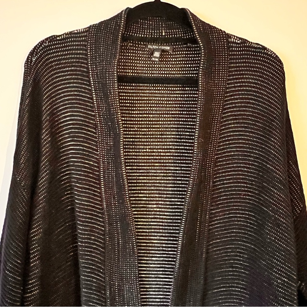 Eileen Fisher Black Silk Organic Linen Cotton Kimono Open Cardigan Texture‎ XL